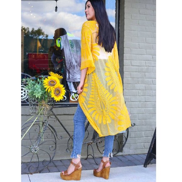 Glam Girl Fashion Tops - NWT Mustard Mesh Floral Kimono